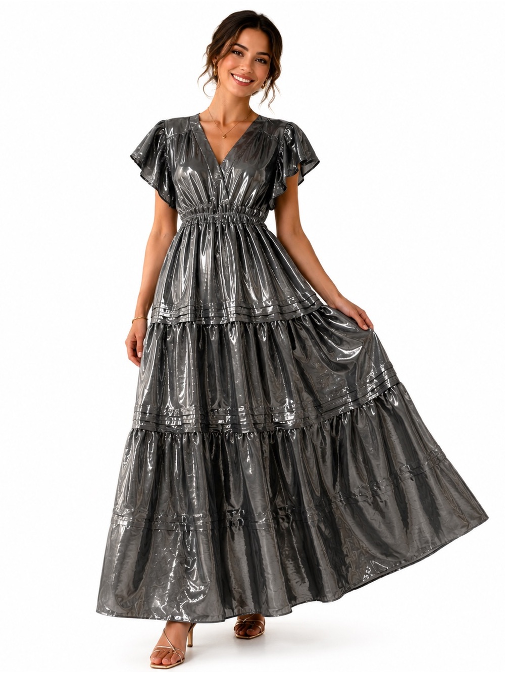 Anthropologie Metallic Charcoal V-Neck Tiered Maxi Dress CT
